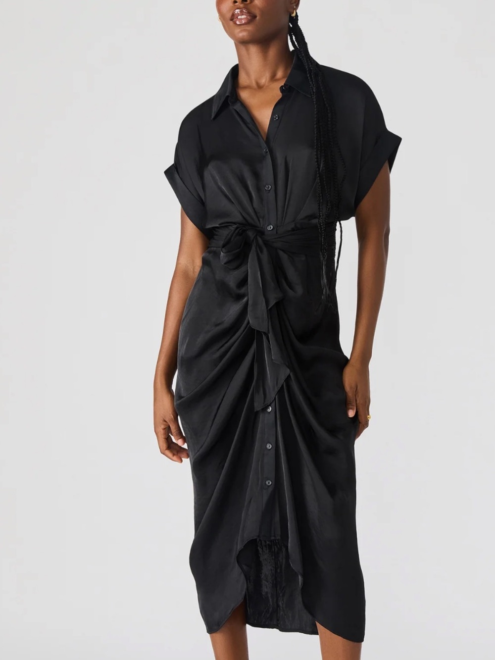 Steve Madden Black Satin Button-Front Tie-Waist Midi Dress